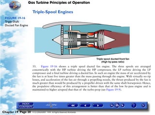 Gas Turbine Principles of Operation

                       Triple-Spool Engines
 FIGURE 19-16
 Triple-Shaft
 Ducted Fan Engine




                       33.     Figure 19-16 shows a triple spool ducted fan engine. The three spools are arranged
                       concentrically with the HP turbine driving the HP compressor, the LP turbine driving the LP
                       compressor and a final turbine driving a ducted fan. In such an engine the mass of air accelerated by
                       the fan is at least five times greater than the mass passing through the engine. With virtually no tip
                       losses, and acceleration of the fan air through a propelling nozzle, the thrust produced by the fan is
                       much greater than would be produced by a propeller driven with the same shaft horsepower. Hence,
                       the propulsive efficiency of this arrangement is better than that of the low by-pass engine and is
                       maintained to higher airspeed that that of the turbo-prop (see Figure 19-9).




Chapter 19 Page 20     © G LONGHURST 1999 All Rights Reserved Worldwide
 