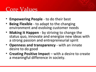 Core Values
• Empowering People - to do their best
• Being Flexible - to adapt to the changing
environment and evolving customer needs
• Making it Happen - by striving to change the
status quo, innovate and energize new ideas with
a strong passion and entrepreneurial spirit
• Openness and transparency - with an innate
desire to do good
• Creating Positive Impact – with a desire to create
a meaningful difference in society.
 