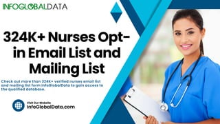 InfoGlobalData.com
Visit Our Website
324K+ Nurses Opt-
in Email List and
Mailing List
Check out more than 324K+ verified nurses email list
and mailing list form InfoGlobalData to gain access to
the qualified database.
 