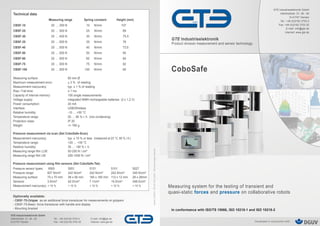 Developed in conjunction with:
Tel.: +49 (0)2162 3703 0
Fax: +49 (0)2162 3703 25
E-mail: info@gte.de
Internet: www.gte.de
GTE Industrieelektronik GmbH
Helmholtzstr. 21, 38 - 40
D-41747 Viersen
GTE Industrieelektronik GmbH
Helmholtzstr. 21, 38 - 40
D-41747 Viersen
Tel.: +49 (0)2162 3703 0
Fax: +49 (0)2162 3703 25
E-mail: info@gte.de
Internet: www.gte.de
Measuring system for the testing of transient and
quasi-static forces and pressure on collaborative robots
In conformance with ISO/TS 15066, ISO 10218-1 and ISO 10218-2
GTE Industrieelektronik
Product division measurement and sensor technology
Technical data
Measuring range Spring constant Height (mm)
CBSF-10 20 ... 300 N 10 N/mm 107
CBSF-25 20 ... 500 N 25 N/mm 89
CBSF-30 20 ... 400 N 30 N/mm 75,5
CBSF-35 20 ... 500 N 35 N/mm 76
CBSF-40 20 ... 500 N 40 N/mm 73,5
CBSF-50 20 ... 500 N 50 N/mm 65
CBSF-60 20 ... 500 N 60 N/mm 64
CBSF-75 20 ... 500 N 75 N/mm 62
CBSF-150 20 ... 500 N 150 N/mm 60
Measuring surface: 80 mm Ø
Maximum measurement error: ± 3 % of reading
Measurement inaccuracy: typ. ± 1 % of reading
Rise / Fall time: ≤ 1 ms
Capacity of internal memory: 100 single measurements
Voltage supply: integrated NiMH rechargeable batteries (2 x 1,2 V)
Power consumption: 20 mA
Interface: USB/Wireless
Relative humidity: -10 … +50 °C
Temperature range: 20 … 90 % r. h. (non-condensing)
Protection class: IP 20
Weight: <> 790 g
Pressure measurement via scan (Set CoboSafe-Scan)
Measurement inaccuracy: typ. ± 10 % or less (measured at 23 °C, 65 % r.h.)
Temperature range: +20 … +35 °C
Relative humidity: 35 … ~80 % r. h.
Measuring range film LLW: 50-250 N / cm²
Measuring range film LW: 250-1000 N / cm²
Pressure measurement using film sensors (Set CoboSafe-Tek)
Optionally available:
- CBSF-75-Gripper as an additional force transducer for measurements on grippers
- CBSF-75-Basic: force transducer with handle and display
- Mounting bracket
Pressure sensor types: 9500 5051 5151 5101 5027
Pressure range: 827 N/cm² 242 N/cm² 242 N/cm² 242 N/cm² 345 N/cm²
Measuring surface: 70 x 70 mm 56 x 56 mm 165 x 165 mm 112 x 12 mm 28 x 28mm
Sensors: 3.9/cm² 62.0/cm² 7.1/cm² 15.5/cm² 248.0/cm²
Measurement inaccuracy: < 10 % < 10 % < 10 % < 10 % < 10 %
Version:05/2019-325-2811-004_EN24Technicalchangesreserved!
CoboSafe
 