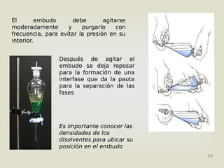 13
El embudo debe agitarse
moderadamente y purgarlo con
frecuencia, para evitar la presión en su
interior.
El embudo debe agitarse
moderadamente y purgarlo con
frecuencia, para evitar la presión en su
interior.
Después de agitar el
embudo se deja reposar
para la formación de una
interfase que da la pauta
para la separación de las
fases
Es importante conocer las
densidades de los
disolventes para ubicar su
posición en el embudo
Después de agitar el
embudo se deja reposar
para la formación de una
interfase que da la pauta
para la separación de las
fases
Es importante conocer las
densidades de los
disolventes para ubicar su
posición en el embudo
 