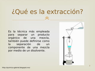 
Es la técnica más empleada
para separar un producto
orgánico de una mezcla,
también puede definirse como
la separación de un
componente de una mezcla
por medio de un disolvente.
¿Qué es la extracción?
3
http://quimica-gabriel.blogspot.mx/
 