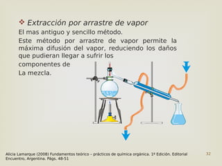 32
 Extracción por arrastre de vapor
El mas antiguo y sencillo método.
Este método por arrastre de vapor permite la
máxima difusión del vapor, reduciendo los daños
que pudieran llegar a sufrir los
componentes de
La mezcla.
Alicia Lamarque (2008) Fundamentos teórico – prácticos de química orgánica. 1º Edición. Editorial
Encuentro, Argentina. Págs. 48-51
 