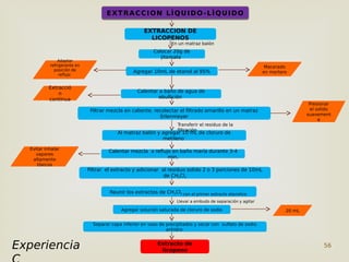56
Al matraz balón y agregar 10 mL de cloruro de
metileno
EXTRACCION DE
LICOPENOS
Agregar 10mL de etanol al 95%
Calentar mezcla a reflujo en baño maría durante 3-4
min,
Filtrar el extracto y adicionar al residuo solido 2 o 3 porciones de 10mL
de CH2Cl2
Reunir los extractos de CH2Cl2 con el primer extracto etanolico
Separar capa inferior en vaso de precipitados y secar con sulfato de sodio
anhidro
Agregar solución saturada de cloruro de sodio
Filtrar mezcla en caliente, recolectar el filtrado amarillo en un matraz
Erlenmeyer
Calentar a baño de agua de
ebullición
Presionar
el solido
suavement
e
Transferir el residuo de la
filtración
Evitar inhalar
vapores
altamente
tóxicos
Llevar a embudo de separación y agitar
Extracto de
licopeno
Extracció
n
continua
EXTRACCION LÌQUIDO-LÌQUIDO
EXTRACCION LÌQUIDO-LÌQUIDO
En un matraz balón
Colocar 20g de
jitomate
Macerado
en mortero
Experiencia
Adaptar
refrigerante en
posición de
reflujo
20 mL
 