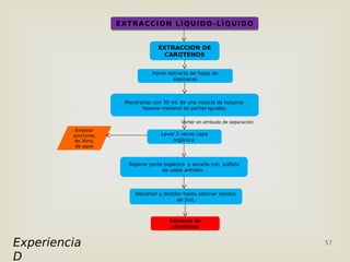 57
EXTRACCION DE
CAROTENOS
Separar parte orgánica y secarla con sulfato
de sodio anhidro.
Lavar 2 veces capa
orgánica
Macerarlas con 30 mL de una mezcla de tolueno-
hexano-metanol en partes iguales.
Hacer extracto de hojas de
espinacas
Verter en embudo de separación
Emplear
porciones
de 30mL
de agua
Decantar y destilar hasta obtener residuo
de 5mL
Extracto de
carotenos
EXTRACCION LÌQUIDO-LÌQUIDO
EXTRACCION LÌQUIDO-LÌQUIDO
Experiencia
D
 
