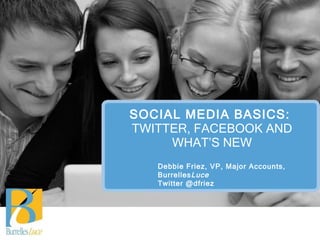 SOCIAL MEDIA BASICS:  TWITTER, FACEBOOK AND WHAT’S NEW Debbie Friez, VP, Major Accounts, Burrelles Luce Twitter @dfriez 