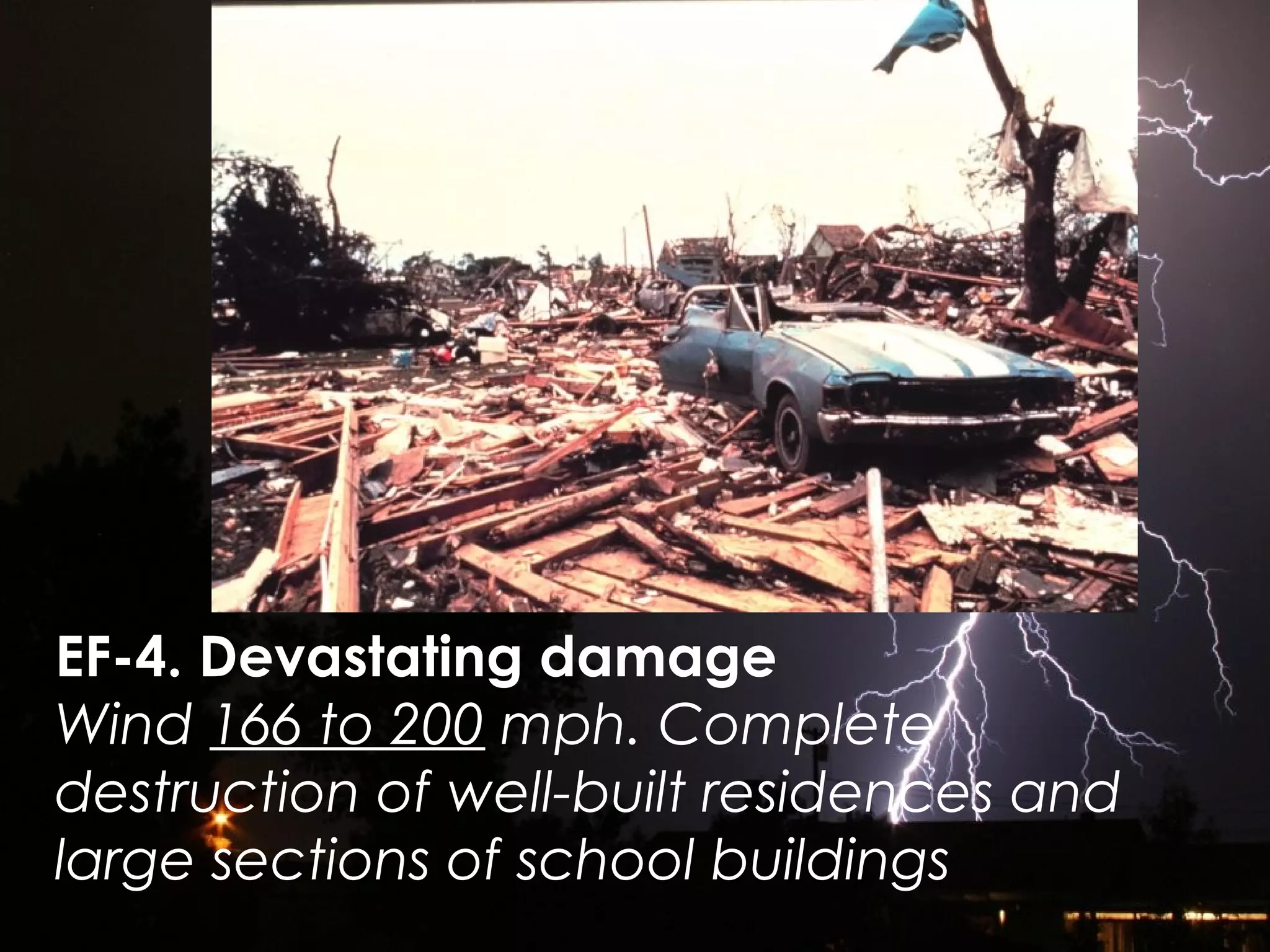 EF-4. Devastating damage
Wind 166 to 200 mph. Complete
destruction of well-built residences and
large sections of school buildings
 