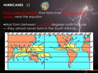 HURRICANES
•Low pressure systems that form over warm, tropical
waters near the equator
•Most form between 5 and 20 degrees north latitude
— they almost never form in the South Atlantic
 