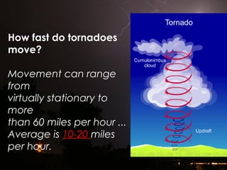 How fast do tornadoes
move?
Movement can range
from
virtually stationary to
more
than 60 miles per hour ...
Average is 10-20 miles
per hour.
 
