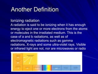Another Definition
Ionizing radiation
A radiation is said to be ionizing when it has enough
energy to eject one or more electrons from the atoms
or molecules in the irradiated medium. This is the
case of a and b radiations, as well as of
electromagnetic radiations such as gamma
radiations, X-rays and some ultra-violet rays. Visible
or infrared light are not, nor are microwaves or radio
waves.
 