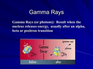 Gamma Rays
Gamma Rays (or photons): Result when the
nucleus releases energy, usually after an alpha,
beta or positron transition
 