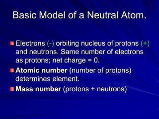 Basic Model of a Neutral Atom.
Electrons (-) orbiting nucleus of protons (+)
and neutrons. Same number of electrons
as protons; net charge = 0.
Atomic number (number of protons)
determines element.
Mass number (protons + neutrons)
 