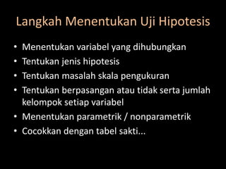 Langkah Menentukan Uji Hipotesis
• Menentukan variabel yang dihubungkan
• Tentukan jenis hipotesis
• Tentukan masalah skala pengukuran
• Tentukan berpasangan atau tidak serta jumlah
kelompok setiap variabel
• Menentukan parametrik / nonparametrik
• Cocokkan dengan tabel sakti...
 