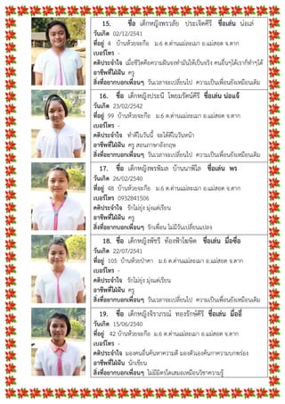15. ชื่อ เด็กหญิงพรวลัย ประเจิดคีรี ชื่อเลน นอเล
วันเกิด 02/12/2541
ที่อยู 4 บานหวยจะกือ ม.6 ต.ดานแมละเมา อ.แมสอด จ.ตาก
เบอรโทร -
คติประจําใจ เมื่อชีวิตคือความฝนจงทํามันใหเปนจริง คนอื่นๆไดเราก็ทําๆได
อาชีพที่ใฝฝน ครู
สิ่งที่อยากบอกเพื่อนๆ วันเวลาจะเปลี่ยนไป ความเปนเพื่อนยังเหมือนเดิม
16. ชื่อ เด็กหญิงประนี โพยมรัตนคีรี ชื่อเลน นอแจ
วันเกิด 23/02/2542
ที่อยู 99 บานหวยจะกือ ม.6 ต.ดานแมละเมา อ.แมสอด จ.ตาก
เบอรโทร -
คติประจําใจ ทําดีในวันนี้ จะไดดีในวันหนา
อาชีพที่ใฝฝน ครู สอนภาษาอังกฤษ
สิ่งที่อยากบอกเพื่อนๆ วันเวลาจะเปลี่ยนไป ความเปนเพื่อนยังเหมือนเดิม
17. ชื่อ เด็กหญิงพรพิมล บานนาพิไล ชื่อเลน พร
วันเกิด 26/02/2540
ที่อยู 48 บานหวยจะกือ ม.6 ต.ดานแมละเมา อ.แมสอด จ.ตาก
เบอรโทร 0932841506
คติประจําใจ รักไมยุง มุงแตเรียน
อาชีพที่ใฝฝน ครู
สิ่งที่อยากบอกเพื่อนๆ รักเพื่อน ไมมีวันเปลี่ยนแปลง
18. ชื่อ เด็กหญิงพัชรี ทองฟาโฆษิต ชื่อเลน มื่อซื่อ
วันเกิด 22/07/2541
ที่อยู 105 บานหวยปาคา ม.6 ต.ดานแมละเมา อ.แมสอด จ.ตาก
เบอรโทร -
คติประจําใจ รักไมยุง มุงแตเรียน
อาชีพที่ใฝฝน ครู
สิ่งที่อยากบอกเพื่อนๆ วันเวลาจะเปลี่ยนไป ความเปนเพื่อนยังเหมือนเดิม
19. ชื่อ เด็กหญิงจิราภรณ ทองรักษคีรี ชื่อเลน มื่ออี่
วันเกิด 15/06/2540
ที่อยู 42 บานหวยจะกือ ม.6 ต.ดานแมละเมา อ.แมสอด จ.ตาก
เบอรโทร -
คติประจําใจ มองคนอื่นคนหาความดี มองตัวเองคนกาความบกพรอง
อาชีพที่ใฝฝน นักเขียน
สิ่งที่อยากบอกเพื่อนๆ ไมมีมิตรใดเสมอเหมือนวิชาความรู
 