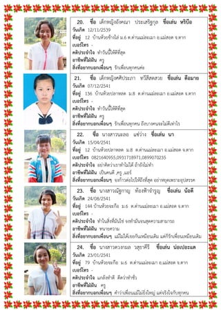 20. ชื่อ เด็กหญิงอังคณา ประเสริฐกุล ชื่อเลน หริบือ
วันเกิด 12/11/2539
ที่อยู 12 บานหวยชางไล ม.6 ต.ดานแมละเมา อ.แมสอด จ.ตาก
เบอรโทร -
คติประจําใจ ทําวันนี้ใหดีที่สุด
อาชีพที่ใฝฝน ครู
สิ่งที่อยากบอกเพื่อนๆ รักเพื่อนทุกคนคะ
21. ชื่อ เด็กหญิงศศิประภา ทวีสีสดสวย ชื่อเลน ดือมาย
วันเกิด 07/12/2541
ที่อยู 136 บานหวยปลาหลด ม.8 ต.ดานแมละเมา อ.แมสอด จ.ตาก
เบอรโทร -
คติประจําใจ ทําวันนี้ใหดีที่สุด
อาชีพที่ใฝฝน ครู
สิ่งที่อยากบอกเพื่อนๆ รักเพื่อนทุกคน ถึงบางคนจะไมดีเทาไร
22. ชื่อ นางสาวนะลอ แซวาง ชื่อเลน นา
วันเกิด 15/04/2541
ที่อยู 12 บานหวยปลาหลด ม.8 ต.ดานแมละเมา อ.แมสอด จ.ตาก
เบอรโทร 0821640955,0931718971,0899070235
คติประจําใจ อยาคิดวาเราทําไมได ถายังไมทํา
อาชีพที่ใฝฝน เปนคนดี ,ครู ,แอร
สิ่งที่อยากบอกเพื่อนๆ จงกาวตอไปใหถึงที่สุด อยาหยุดเพราะอุปสรรค
23. ชื่อ นางสาวณัฐกาญ ทองฟาจํารูญ ชื่อเลน นอดี
วันเกิด 24/08/2541
ที่อยู 144 บานหวยจะกือ ม.6 ต.ดานแมละเมา อ.แมสอด จ.ตาก
เบอรโทร -
คติประจําใจ ทําในสิ่งที่มันใช จงทํามันจนสุดความสามารถ
อาชีพที่ใฝฝน ทนายความ
สิ่งที่อยากบอกเพื่อนๆ แมไมไดเจอกันเหมือนเดิม แตก็รักเพื่อนเหมือนเดิม
24. ชื่อ นางสาวดวงกมล วสุธาคีรี ชื่อเลน นอเปอะแด
วันเกิด 23/01/2541
ที่อยู 79 บานหวยจะกือ ม.6 ต.ดานแมละเมา อ.แมสอด จ.ตาก
เบอรโทร -
คติประจําใจ แกลงทําดี ดีดวาทําชั่ว
อาชีพที่ใฝฝน ครู
สิ่งที่อยากบอกเพื่อนๆ คําวาเพื่อนแมไมยิ่งใหญ แตจริงใจกับทุกคน
 