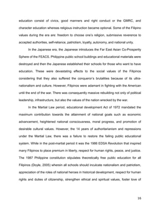 education consist of civics, good manners and right conduct or the GMRC, and
character education whereas religious instruction became optional. Some of the Filipino
values during the era are: freedom to choose one’s religion, submissive reverence to
accepted authorities, self-reliance, patriotism, loyalty, autonomy, and national unity.
In the Japanese era, the Japanese introduces the Far East Asian Co-Prosperity
Sphere of the FEACS. Philippine public school buildings and educational materials were
destroyed and then the Japanese established their schools for those who want to have
education. These were devastating effects to the social values of the Filipinos
considering that they also suffered the conqueror’s brutalities because of its ultra-
nationalism and culture. However, Filipinos were adamant in fighting with the American
until the end of the war. There was consequently massive rebuilding not only of political
leadership, infrastructure, but also the values of the nation wrecked by the war.
In the Martial Law period, educational development Act of 1972 mandated the
maximum contribution towards the attainment of national goals such as economic
advancement, heightened national consciousness, moral progress, and promotion of
desirable cultural values. However, the 14 years of authoritarianism and repressions
under the Martial Law, there was a failure to restore the failing public educational
system. While in the post-martial period it was the 1986 EDSA Revolution that inspired
many Filipinos to place premium in liberty, respect for human rights, peace, and justice.
The 1987 Philippine constitution stipulates theoretically free public education for all
Filipinos (Doyle, 2005) wherein all schools should inculcate nationalism and patriotism,
appreciation of the roles of national heroes in historical development, respect for human
rights and duties of citizenship, strengthen ethical and spiritual values, foster love of
16
 