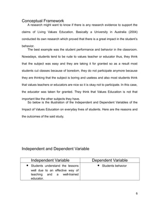 Conceptual Framework
A research might want to know if there is any research evidence to support the
claims of Living Values Education. Basically a University in Australia (2004)
conducted its own research which proved that there is a great impact in the student’s
behavior.
The best example was the student performance and behavior in the classroom.
Nowadays, students tend to be rude to values teacher or educator thus, they think
that the subject was easy and they are taking it for granted so as a result most
students cut classes because of boredom, they do not participate anymore because
they are thinking that the subject is boring and useless and also most students think
that values teachers or educators are nice so it is okay not to participate. In this case,
the educator was taken for granted. They think that Values Education is not that
important like the other subjects they have.
So below is the illustration of the Independent and Dependent Variables of the
Impact of Values Education on everyday lives of students. Here are the reasons and
the outcomes of the said study.
Independent and Dependent Variable
Independent Variable Dependent Variable
 Students understand the lessons
well due to an effective way of
teaching and a well-trained
educator.
 Students behavior
6
 