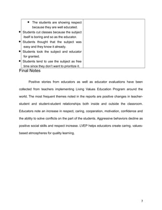  The students are showing respect
because they are well educated.
 Students cut classes because the subject
itself is boring and so as the educator.
 Students thought that the subject was
easy and they know it already.
 Students took the subject and educator
for granted.
 Students tend to use the subject as free
time since they don’t want to prioritize it.
Final Notes
Positive stories from educators as well as educator evaluations have been
collected from teachers implementing Living Values Education Program around the
world. The most frequent themes noted in the reports are positive changes in teacher-
student and student-student relationships both inside and outside the classroom.
Educators note an increase in respect, caring, cooperation, motivation, confidence and
the ability to solve conflicts on the part of the students. Aggressive behaviors decline as
positive social skills and respect increase. LVEP helps educators create caring, values-
based atmospheres for quality learning.
7
 