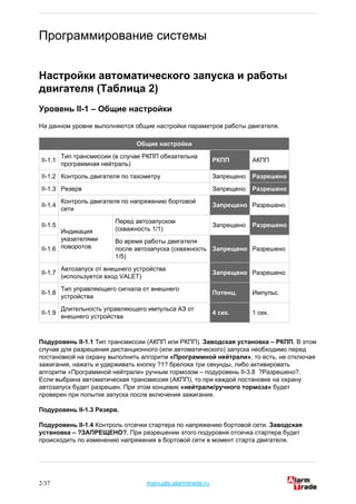 Программирование системы
Настройки автоматического запуска и работы
двигателя (Таблица 2)
Уровень II-1 – Общие настройки
Н...
