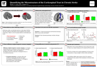 Group differences in anterior and posterior CP:
What deficits are there following a stroke?2
What happens to the brain after stroke?1
What is diffusion-weighted magnetic resonance imaging?3
Quantifying the Microstructure of the Corticospinal Tract in Chronic Stroke
Marble, S.1, Archer, D.B.1, Coombes, S.A.1
1Laboratory for Rehabilitation Neuroscience. www.lrnlab.org Department of Applied Physiology and Kinesiology, University of Florida, Gainesville, FL
Laboratory for Rehabilitation Neuroscience
Contact: Shannon Marble, smarble94@ufl.edu
This work was supported in part by the James and Esther
King Biomedical Research Program.
A. Impaired Hemisphere B. Unimpaired Hemisphere C. Asymmetries
lrnlab.org
Corticospinal Tract Posterior Visual Tract
Questions to be answered with this experiment:5
What is the corticospinal tract?4
6
aCP and handbump predict strength.8
Group differences in handbump and PLIC:7
Results and Conclusions9
References
[1] Abdollahi, F. Neurorehabil Neural Repair. (2013)
[2] Patton, J.L. Exp Brain Res. (2006)
[3] Coombes, S.A. Neurophysiol. (2010)
[4] Park, C.H. Neuroimage Clin. (2013)
[5] Schaechter, J.D. Neuroimage. (2008)
Figure 1. Elderly individuals are more likely to suffer from a stroke. After an individual
suffers a stroke, one hemisphere of the brain is impaired.
Following a stroke, an individual can have a wide range of deficits.
The type of deficit an individual will have depends on the location
of the stroke. Below is a list of common deficits in individuals post-
stroke:
• Motor Impairments
• Loss sense of touch
• Loss of urinary continence
• Visual Problems
• Chronic Pain
• Language
• Memory
• Emotion
Fibers in the corticospinal tract are crucial in
performing movement and control the hands
and fingers in precise and skilled voluntary
movements, including writing or grasping
objects, by transmitting electrical signals from
the cerebrum to spinal cord motor neurons.
Regions like the cerebral peduncle (CP) and
the posterior limb of the internal capsule
(PLIC) are components of the corticospinal
tract that contribute to these voluntary
movements.
Diffusion-weighted magnetic resonance imaging is an imaging
method that uses the movement of water molecules to generate
contrast in MR images. It allows the mapping of
the diffusion process of molecules in biological tissues, in
vivo and non-invasively.
• Fractional Anisotropy is a measure often used
in diffusion imaging that describes the degree
of anisotropy of a diffusion process. It is thought to
reflect fiber density, axonal diameter,
and myelination in white matter.
Question 1: Is brain microstructure and fractional anisotropy
deficit in post-stroke individuals?
Question 2: Does fractional anisotropy correlate with grip
strength?
• While there were no group differences in the cortical areas or the
CP, there was a drastic reduction in FA within the PLIC (p<0.05).
• The aCP (r=0.580;p<0.01) and the handbump (r=0.434;p<0.05)
were predictive of grip strength in chronic stroke individuals.
• Using diffusion MRI within regions of the CST could be a
potential aid in the creation of new treatments for chronic stroke
individuals.
Figure 3: Bar charts comparing the different integrities of the aCP (A) and pCP (B)
tested between the stoke and control groups.
Unimpaired HemisphereImpaired Hemisphere
Unimpaired HemisphereImpaired Hemisphere
Figure 4: Bar charts comparing the different integrities of the PLIC (A) and handbump
(B) tested between the stoke and control groups.
Figure 2: The corticospinal
tract.
Figure 5: The association of integrity of the aCP (A) and handbump (B) with grip
strength (MVC).
 