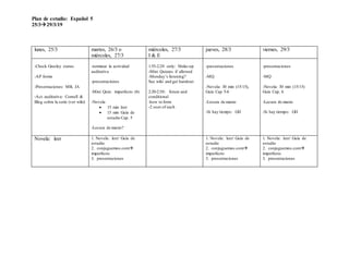 Plan de estudio: Español 5
25/329/3/19
lunes, 25/3 martes, 26/3 o
miércoles, 27/3
miércoles, 27/3
I & E
jueves, 28/3 viernes, 29/3
-Check Greeley status
-AP forms
-Presentaciones: MB, JA
-Act. auditativa: Cornell &
Blog sobre la serie (ver wiki)
-terminar la actividad
auditativa
-presentaciones
-Mini Quiz: imperfecto (6)
-Novela
 15 min leer
 15 min Guía de
estudio Cap. 5
-Locura de marzo?
1:55-2:20 only: Make-up
-Mini Quizzes if allowed
-Monday’s listening?
See wiki and get handout
2:20-2:50: future and
conditional
-how to form
-2 uses of each
-presentaciones
-MQ
-Novela: 30 min (15/15),
Guía Cap 5-6
-Locura de marzo
-Si hay tiempo: GH
-presentaciones
-MQ
-Novela: 30 min (15/15)
Guía Cap. 6
-Locura de marzo
-Si hay tiempo: GH
Novela: leer 1. Novela: leer/ Guía de
estudio
2. conjuguemos.com
imperfecto
3. presentaciones
1. Novela: leer/ Guía de
estudio
2. conjuguemos.com
imperfecto
3. presentaciones
1. Novela: leer/ Guía de
estudio
2. conjuguemos.com
imperfecto
3. presentaciones
 
