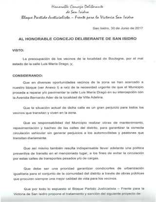 326-HCD-2017 Proy. de Comunicación: Repavimentación sobre la calle L. Maria Drago en Villa Adelina