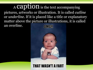 A captionis the text accompanying
pictures, artworks or illustration. It is called cutline
or underline. If it is placed like a title or explanatory
matter above the picture or illustrations, it is called
an overline.
 