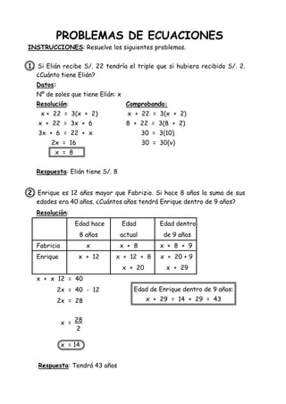 PROBLEMAS DE ECUACIONES
INSTRUCCIONES: Resuelve los siguientes problemas.
1. Si Elián recibe S/. 22 tendría el triple que si hubiera recibido S/. 2.
¿Cuánto tiene Elián?
Datos:
Nº de soles que tiene Elián: x
Resolución: Comprobando:
x + 22 = 3(x + 2) x + 22 = 3(x + 2)
x + 22 = 3x + 6 8 + 22 = 3(8 + 2)
3x + 6 = 22 + x 30 = 3(10)
2x = 16 30 = 30(v)
x = 8
Respuesta: Elián tiene S/. 8
2. Enrique es 12 años mayor que Fabrizio. Si hace 8 años la suma de sus
edades era 40 años. ¿Cuántos años tendrá Enrique dentro de 9 años?
Resolución:
Edad hace Edad Edad dentro
8 años actual de 9 años
Fabricio x x + 8 x + 8 + 9
Enrique x + 12 x + 12 + 8 x + 20 + 9
x + 20 x + 29
x + x 12 = 40
2x = 40 - 12
2x = 28
x =
x = 14
Respuesta: Tendrá 43 años
28
2
Edad de Enrique dentro de 9 años:
x + 29 = 14 + 29 = 43
 