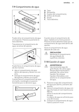 7.9 Compartimento de agua
XAM
A
B
C
F
E D
A. Tapa
B. Rompeolas
C. Cuerpo del compartimento
D. Orificio de llenado
E. Escala
F. Tecla delantera
Puede retirar el compartimento de agua
en el aparato. Presiona suavemente la
tecla delantera.
Tras presionar el compartimento de
agua, se extrae del aparato.
MAX
Puede llenar el compartimento de agua
de dos maneras:
• deje el compartimento de agua
dentro del aparato y llénelo con una
jarra,
• extraiga el compartimento de agua
del aparato y llénelo con el grifo.
Cuando llene el compartimento de agua
en el grifo, manténgalo en posición
horizontal para no derramar agua.
MAX
MAX
Cuando viene el compartimento de
agua, insértelo en la misma posición.
Presione la tecla delantera hasta que el
compartimento de agua esté dentro del
aparato.
Vacíe el compartimento de agua
después de cada uso.
PRECAUCIÓN!
Mantenga el compartimento
de agua alejado de
superficies calientes.
7.10 Cocción al vapor
ADVERTENCIA!
Use únicamente agua de
grifo filtrada. No utilice agua
filtrada (desmineralizada) ni
destilada. No utilice otros
líquidos. No coloque
líquidos inflamables o con
alcohol en el compartimento
de agua.
1. Presione la tapa del compartimento
de agua para abrirlo y extraerlo del
aparato.
2. Llene el compartimento de agua con
agua fría hasta el nivel máximo (unos
950 ml).
Utilice la escala del compartimento
de agua.
La reserva de agua es suficiente para
unos 50 minutos.
3. Coloque el compartimento de agua
hasta su posición inicial.
ESPAÑOL 17
 