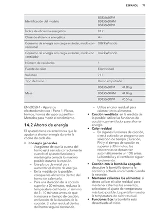 Identificación del modelo
BS836680FM
BS836680HM
BS836680PM
Índice de eficiencia energética 81.2
Clase de eficiencia energética A+
Consumo de energía con carga estándar, modo con-
vencional
0.89 kWh/ciclo
Consumo de energía con carga estándar, modo con
ventilador
0.69 kWh/ciclo
Número de cavidades 1
Fuente de calor Electricidad
Volumen 71 l
Tipo de horno Horno empotrado
Masa
BS836680FM 44.0 kg
BS836680HM 44.0 kg
BS836680PM 45.5 kg
EN 60350-1 - Aparatos
electrodomésticos - Parte 1: Placas,
hornos, hornos de vapor y parrillas -
Métodos para medir el rendimiento.
14.2 Ahorro de energía
El aparato tiene características que le
ayudan a ahorrar energía durante la
cocina de cada día.
• Consejos generales
– Asegúrese de que la puerta del
horno está cerrada correctamente
cuando el aparato funcione y
manténgala cerrada lo máximo
posible durante la cocción.
– Use platos de metal para
aumentar el ahorro de energía.
– En la medida de lo posible,
coloque los alimentos dentro del
horno sin calentarlo.
– Para una duración de la cocción
superior a 30 minutos, reduzca la
temperatura del horno un mínimo
de 3 - 10 minutos antes de que
transcurra el tiempo de cocción,
en función de la duración de la
cocción. El calor residual dentro
del horno seguirá cocinando.
– Utilice el calor residual para
calentar otros alimentos.
• Cocción ventilada: en la medida de
lo posible, utilice las funciones de
cocción con ventilador para ahorrar
energía.
• Calor residual
– En algunas funciones de cocción,
si está activado un programa con
selección de tiempo (Duración,
Fin) y el tiempo de cocción es
superior a 30 minutos, las
resistencias se desactivan
automáticamente un 10% antes.
La bombilla y el ventilador siguen
funcionando.
• Cocción con la bombilla apagada:
desactive la bombilla durante la
cocción y actívela únicamente cuando
la necesite.
• Mantener calientes los alimentos: si
desea utilizar el calor residual para
mantener calientes los alimentos,
seleccione el ajuste de temperatura
más bajo posible. La pantalla muestra
la temperatura de calor residual.
• Funciones Eco: la bombilla está
desactivada al inicio.
ESPAÑOL 71
 