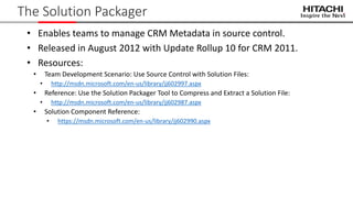 The Solution Packager
• Enables teams to manage CRM Metadata in source control.
• Released in August 2012 with Update Rollup 10 for CRM 2011.
• Resources:
• Team Development Scenario: Use Source Control with Solution Files:
• http://msdn.microsoft.com/en-us/library/jj602997.aspx
• Reference: Use the Solution Packager Tool to Compress and Extract a Solution File:
• http://msdn.microsoft.com/en-us/library/jj602987.aspx
• Solution Component Reference:
• https://msdn.microsoft.com/en-us/library/jj602990.aspx
 