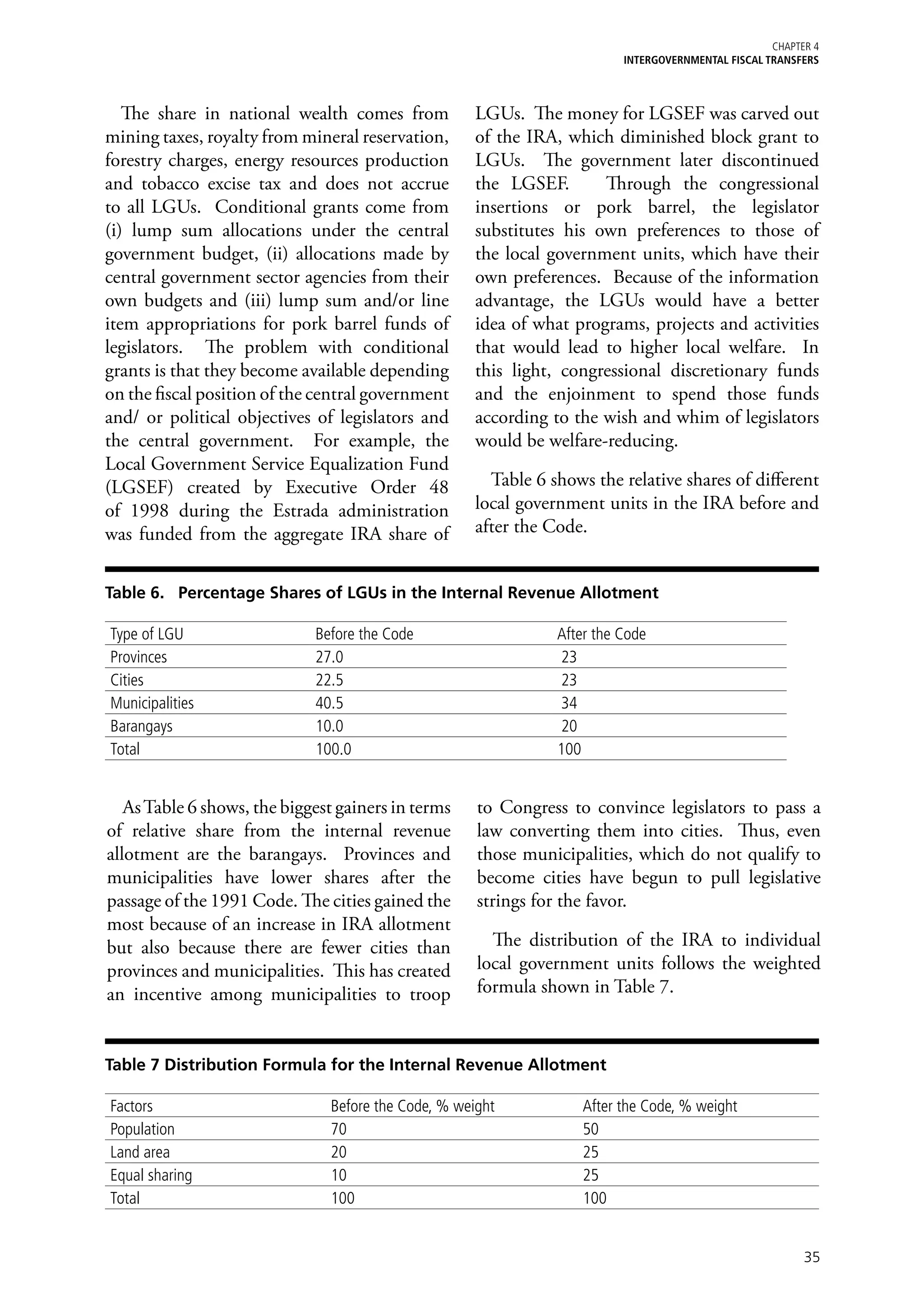 Chapter 4
                                                                          iNTERGOVERNMENTAL FISCAL TRANSFERS



   The share in national wealth comes from           LGUs. The money for LGSEF was carved out
mining taxes, royalty from mineral reservation,      of the IRA, which diminished block grant to
forestry charges, energy resources production        LGUs. The government later discontinued
and tobacco excise tax and does not accrue           the LGSEF.       Through the congressional
to all LGUs. Conditional grants come from            insertions or pork barrel, the legislator
(i) lump sum allocations under the central           substitutes his own preferences to those of
government budget, (ii) allocations made by          the local government units, which have their
central government sector agencies from their        own preferences. Because of the information
own budgets and (iii) lump sum and/or line           advantage, the LGUs would have a better
item appropriations for pork barrel funds of         idea of what programs, projects and activities
legislators. The problem with conditional            that would lead to higher local welfare. In
grants is that they become available depending       this light, congressional discretionary funds
on the fiscal position of the central government     and the enjoinment to spend those funds
and/ or political objectives of legislators and      according to the wish and whim of legislators
the central government. For example, the             would be welfare-reducing.
Local Government Service Equalization Fund
(LGSEF) created by Executive Order 48                  Table 6 shows the relative shares of different
of 1998 during the Estrada administration            local government units in the IRA before and
was funded from the aggregate IRA share of           after the Code.


Table 6. Percentage Shares of LGUs in the Internal Revenue Allotment

Type of LGU                  Before the Code                    After the Code
Provinces                    27.0                               23
Cities                       22.5                               23
Municipalities               40.5                               34
Barangays                    10.0                               20
Total                        100.0                              100


   As Table 6 shows, the biggest gainers in terms    to Congress to convince legislators to pass a
of relative share from the internal revenue          law converting them into cities. Thus, even
allotment are the barangays. Provinces and           those municipalities, which do not qualify to
municipalities have lower shares after the           become cities have begun to pull legislative
passage of the 1991 Code. The cities gained the      strings for the favor.
most because of an increase in IRA allotment
but also because there are fewer cities than           The distribution of the IRA to individual
provinces and municipalities. This has created       local government units follows the weighted
an incentive among municipalities to troop           formula shown in Table 7.



Table 7 Distribution Formula for the Internal Revenue Allotment

Factors                        Before the Code, % weight            After the Code, % weight
Population                     70                                   50
Land area                      20                                   25
Equal sharing                  10                                   25
Total                          100                                  100


                                                                                                          35
 
