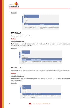 www.acasadoconcurseiro.com.br28
Exemplo:
MAIÚSCULA
Converte o texto em maiúsculas.
Sintaxe
=MAIÚSCULA(texto)
Texto é o texto que se deseja converter para maiúsculas. Texto pode ser uma referência ou uma
sequência de caracteres de texto.
Exemplo:
MINÚSCULA
Converte todas as letras maiúsculas em uma sequência de caracteres de texto para minúsculas.
Sintaxe
=MINÚSCULA(texto)
Texto é o texto que você deseja converter para minúscula. MINÚSCULA só muda caracteres de
letras para texto.
Exemplo:
 