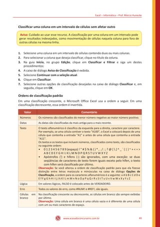 Excel – Informática – Prof. Márcio Hunecke
www.acasadoconcurseiro.com.br 49
Classificar uma coluna em um intervalo de células sem afetar outro
Aviso: Cuidado ao usar esse recurso. A classificação por uma coluna em um intervalo pode
gerar resultados indesejados, como movimentação de células naquela coluna para fora de
outras células na mesma linha.
1.	 Selecione uma coluna em um intervalo de células contendo duas ou mais colunas.
2.	 Para selecionar a coluna que deseja classificar, clique no título da coluna.
3.	 Na guia Início, no grupo Edição, clique em Classificar e Filtrar e siga um destes
procedimentos:
4.	 A caixa de diálogo Aviso de Classificação é exibida.
5.	 Selecione Continuar com a seleção atual.
6.	 Clique em Classificar.
7.	 Selecione outras opções de classificação desejadas na caixa de diálogo Classificar e, em
seguida, clique em OK.
Ordens de classificação padrão
Em uma classificação crescente, o Microsoft Office Excel usa a ordem a seguir. Em uma
classificação decrescente, essa ordem é invertida.
Valor Comentário
Números Os números são classificados do menor número negativo ao maior número positivo.
Datas As datas são classificadas da mais antiga para a mais recente.
Texto O texto alfanumérico é classifico da esquerda para a direita, caractere por caractere.
Por exemplo, se uma célula contiver o texto "A100", o Excel a colocará depois de uma
célula que contenha a entrada "A1" e antes de uma célula que contenha a entrada
"A11".
Os textos e os textos que incluem números, classificados como texto, são classificados
na seguinte ordem:
•• 0 1 2 3 4 5 6 7 8 9 (espaço) ! " # $ % & ( ) * , . / : ; ? @ [  ] ^ _ ` { | } ~ + < = >
A B C D E F G H I J K L M N O P Q R S T U V W X Y Z
•• Apóstrofos (') e hífens (-) são ignorados, com uma exceção: se duas
seqüências de caracteres de texto forem iguais exceto pelo hífen, o texto
com hífen será classificado por último.
Observação: Se você alterou a ordem de classificação padrão para que ela fizesse
distinção entre letras maiúscula e minúsculas na caixa de diálogo Opções de
Classificação, a ordem para os caracteres alfanuméricos é a seguinte: a A b B c C d D e
E f F g G h H i I j J k K l L m M n N o O p P q Q r R s S t T u U v V w W x X y Y z Z
Lógica Em valores lógicos, FALSO é colocado antes de VERDADEIRO.
Erro Todos os valores de erro, como #NUM! e #REF!, são iguais.
Células em
branco
Na classificação crescente ou decrescente, as células em branco são sempre exibidas
por último.
Observação: Uma célula em branco é uma célula vazia e é diferente de uma célula
com um ou mais caracteres de espaço.
 
