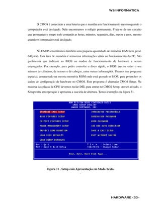 WS INFORMÁTICA



       O CMOS é conectado a uma bateria que o mantém em funcionamento mesmo quando o
computador está desligado. Nele encontramos o relógio permanente. Trata-se de um circuito
que permanece o tempo todo contando as horas, minutos, segundos, dias, meses e anos, mesmo
quando o computador está desligado.


       No CMOS encontramos também uma pequena quantidade de memória RAM (em geral,
64bytes). Esta área de memória é armazena informações vitais ao funcionamento do PC. São
parâmetros que indicam ao BIOS os modos de funcionamento de hardware a serem
empregados. Por exemplo, para poder controlar o disco rígido, o BIOS precisa saber o seu
número de cilindros, de setores e de cabeças, entre outras informações. Usamos um programa
especial, armazenado na mesma memória ROM onde está gravado o BIOS, para preencher os
dados de configuração de hardware no CMOS. Este programa é chamado CMOS Setup. Na
maioria das placas de CPU devemos teclar DEL para entrar no CMOS Setup. Ao ser ativado, o
Setup entra em operação e apresenta a sua tela de abertura. Temos exemplos na figura 31.




               Figura 31 - Setup com Apresentação em Modo Texto.
                                           `




                                                                    HARDWARE - 33 -
 