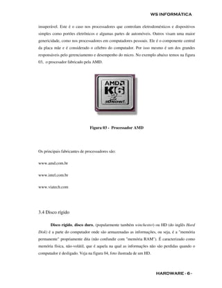 WS INFORMÁTICA

insuperável. Este é o caso nos processadores que controlam eletrodomésticos e dispositivos
simples como portões eletrônicos e algumas partes de automóveis. Outros visam uma maior
genericidade, como nos processadores em computadores pessoais. Ele é o componente central
da placa mãe e é considerado o célebro do computador. Por isso mesmo é um dos grandes
responsáveis pelo gerenciamento e desempenho do micro. No exemplo abaixo temos na figura
03, o procesador fabricado pela AMD.




                               Figura 03 - Processador AMD




Os principais fabricantes de processadores são:

www.amd.com.br

www.intel.com.br

www.viatech.com




3.4 Disco rígido

       Disco rígido, disco duro, (popularmente também winchester) ou HD (do inglês Hard
Disk) é a parte do computador onde são armazenadas as informações, ou seja, é a "memória
permanente" propriamente dita (não confundir com "memória RAM"). É caracterizado como
memória física, não-volátil, que é aquela na qual as informações não são perdidas quando o
computador é desligado. Veja na figura 04, foto ilustrada de um HD.



                                                                      HARDWARE - 6 -
 
