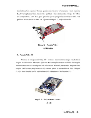 WS INFORMÁTICA

  transferência bem superior. Ou seja, quando mais veloz for o barramento e mais memória
  RAM tiver a placa de vídeo, maior será a qualidade e mais rápida será a exibição dos vídeos
  nos computadores. Além disso, para aplicações que exijam grande qualidade de vídeo você
  precisará utilizar placas de vídeo 3D. Veja abaixo a figura 15, da placa de vídeo.




                                 Figura 15 – Placa de Vídeo
                                        128MB/64Bits


  7.4 Placa de Vídeo 3D

       A função de uma placa de vídeo 3D, é auxiliar o processador na criação e exibição de
imagens tridimensionais (Observe a figura 16). Estas imagens são bem diferentes das imagens
bidimensionais que você vê enquanto está utilizando o Windows por exemplo. Enquanto uma
imagem 2D é formada por pontos coloridos e temos apenas as coordenadas de altura e largura
(X e Y), numa imagem em 3D temos uma terceira coordenada: a profundidade (Z).




                             Figura 16 - Placa de Video Geforce
                                             128 MB




                                                                       HARDWARE - 18 -
 