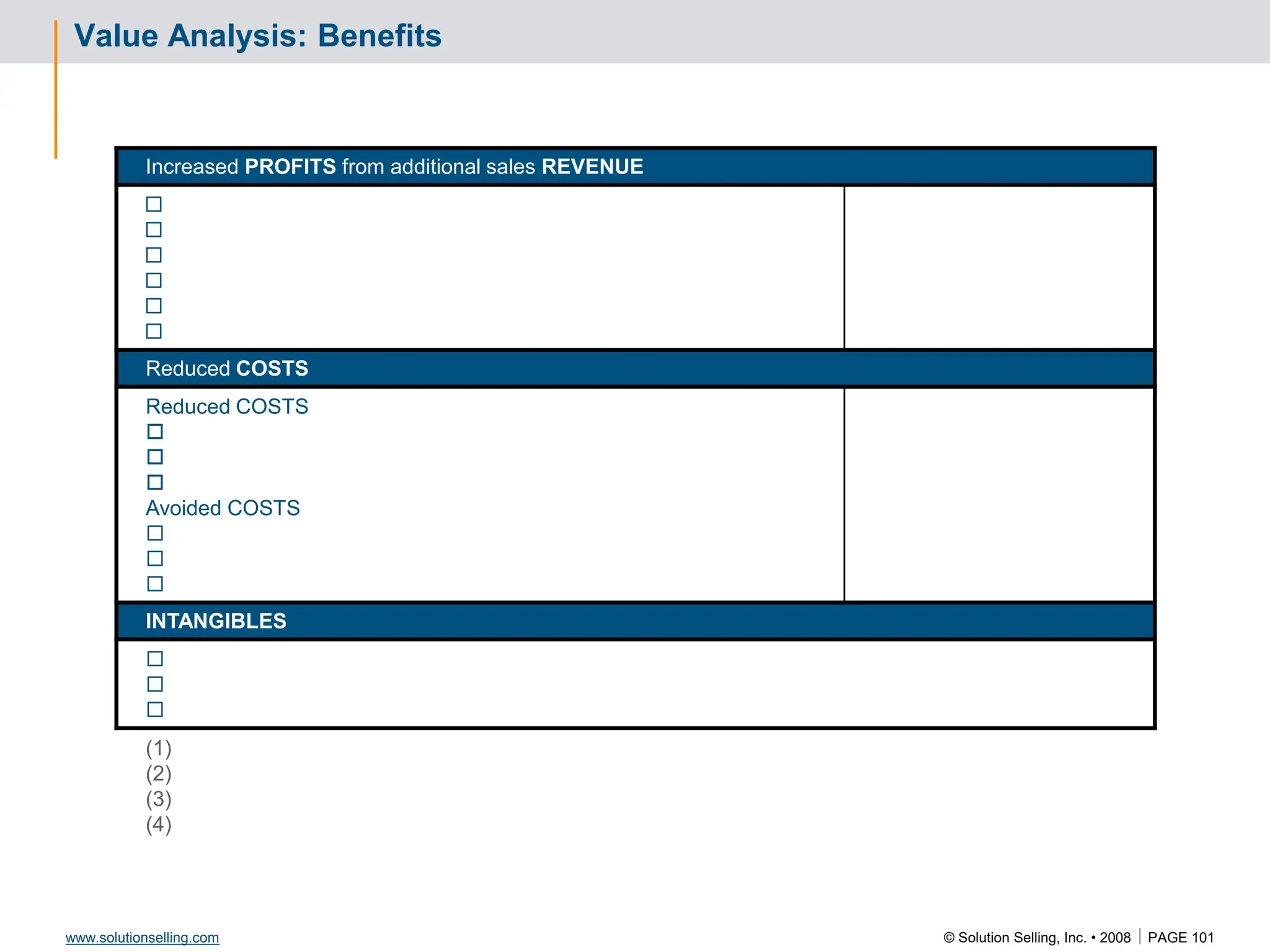 © Solution Selling, Inc. • 2008  PAGE 101
www.solutionselling.com
Value Analysis: Benefits
Increased PROFITS from additional sales REVENUE






Reduced COSTS
Reduced COSTS



Avoided COSTS



INTANGIBLES



(1)
(2)
(3)
(4)
 