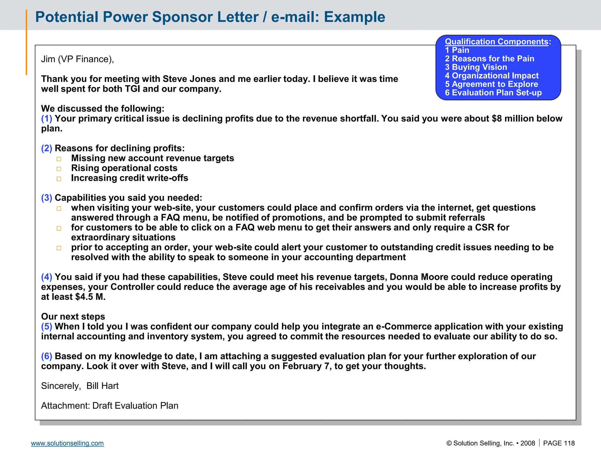 © Solution Selling, Inc. • 2008  PAGE 118
www.solutionselling.com
Potential Power Sponsor Letter / e-mail: Example
Jim (VP Finance),
Thank you for meeting with Steve Jones and me earlier today. I believe it was time
well spent for both TGI and our company.
We discussed the following:
(1) Your primary critical issue is declining profits due to the revenue shortfall. You said you were about $8 million below
plan.
(2) Reasons for declining profits:
□ Missing new account revenue targets
□ Rising operational costs
□ Increasing credit write-offs
(3) Capabilities you said you needed:
□ when visiting your web-site, your customers could place and confirm orders via the internet, get questions
answered through a FAQ menu, be notified of promotions, and be prompted to submit referrals
□ for customers to be able to click on a FAQ web menu to get their answers and only require a CSR for
extraordinary situations
□ prior to accepting an order, your web-site could alert your customer to outstanding credit issues needing to be
resolved with the ability to speak to someone in your accounting department
(4) You said if you had these capabilities, Steve could meet his revenue targets, Donna Moore could reduce operating
expenses, your Controller could reduce the average age of his receivables and you would be able to increase profits by
at least $4.5 M.
Our next steps
(5) When I told you I was confident our company could help you integrate an e-Commerce application with your existing
internal accounting and inventory system, you agreed to commit the resources needed to evaluate our ability to do so.
(6) Based on my knowledge to date, I am attaching a suggested evaluation plan for your further exploration of our
company. Look it over with Steve, and I will call you on February 7, to get your thoughts.
Sincerely, Bill Hart
Attachment: Draft Evaluation Plan
Qualification Components:
1 Pain
2 Reasons for the Pain
3 Buying Vision
4 Organizational Impact
5 Agreement to Explore
6 Evaluation Plan Set-up
 