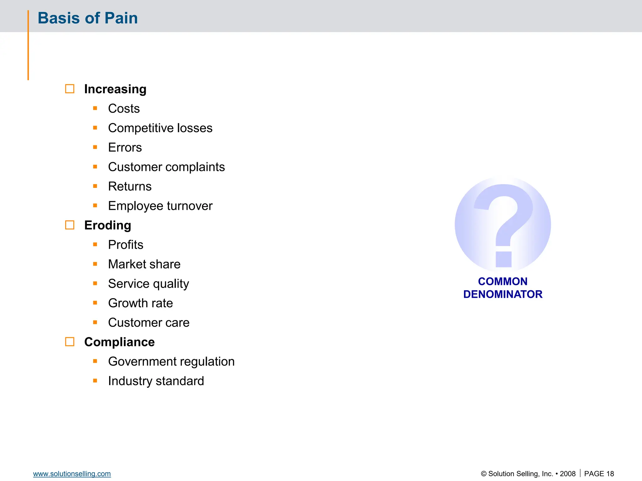 © Solution Selling, Inc. • 2008  PAGE 18
www.solutionselling.com
Basis of Pain
 Increasing
 Costs
 Competitive losses
 Errors
 Customer complaints
 Returns
 Employee turnover
 Eroding
 Profits
 Market share
 Service quality
 Growth rate
 Customer care
 Compliance
 Government regulation
 Industry standard
?
COMMON
DENOMINATOR
 