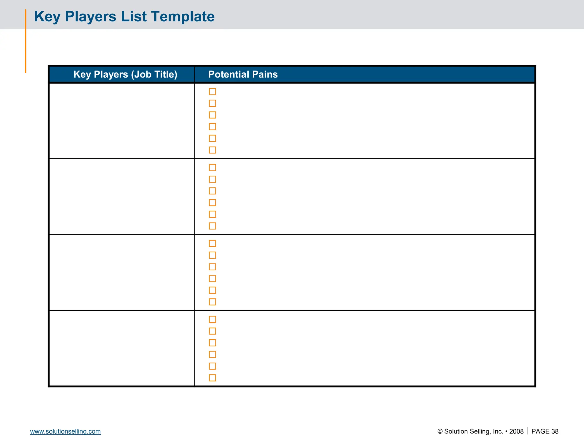 © Solution Selling, Inc. • 2008  PAGE 38
www.solutionselling.com
Key Players List Template
Key Players (Job Title) Potential Pains
























 