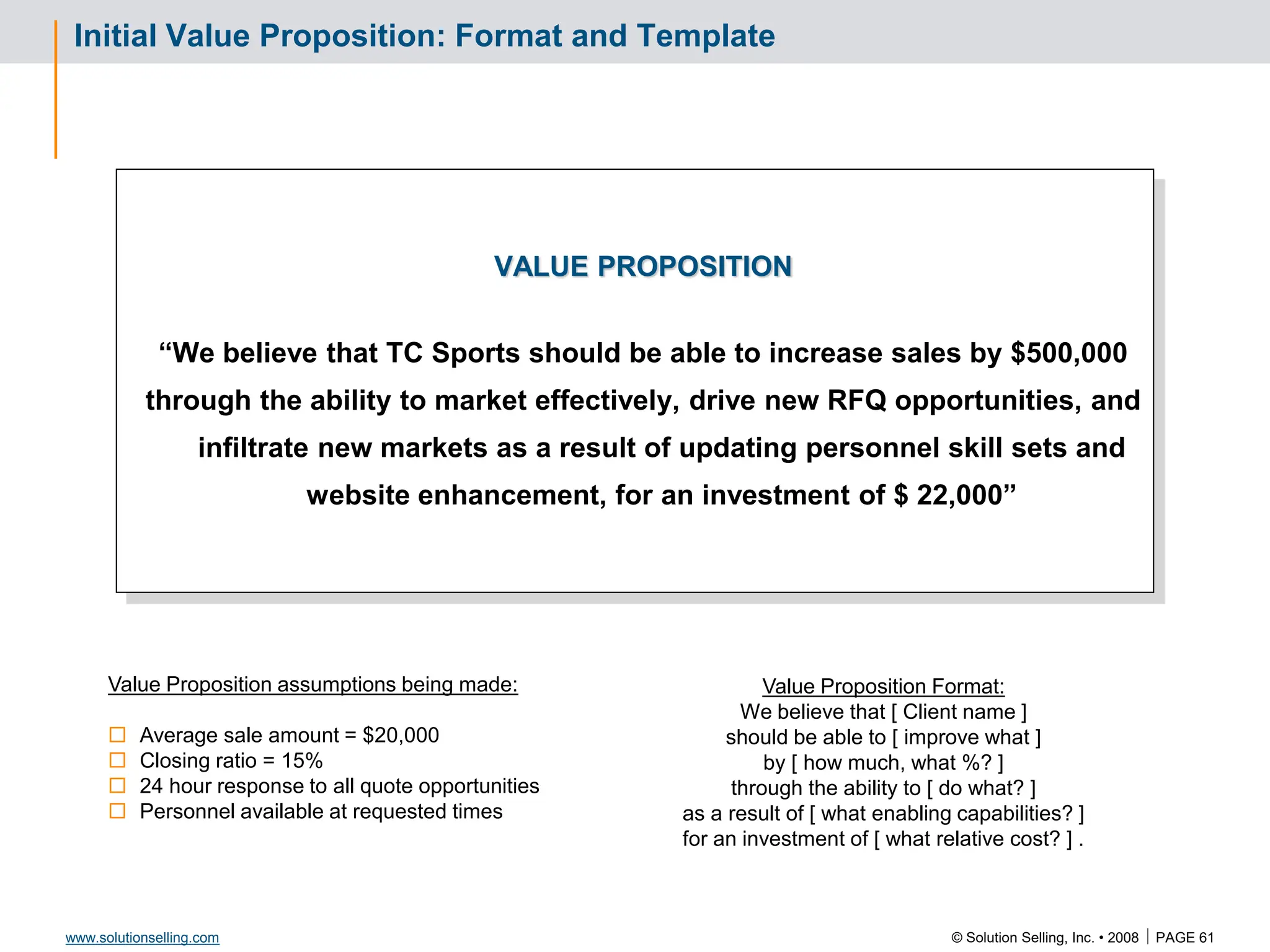 © Solution Selling, Inc. • 2008  PAGE 61
www.solutionselling.com
Initial Value Proposition: Format and Template
VALUE PROPOSITION
“We believe that TC Sports should be able to increase sales by $500,000
through the ability to market effectively, drive new RFQ opportunities, and
infiltrate new markets as a result of updating personnel skill sets and
website enhancement, for an investment of $ 22,000”
Value Proposition assumptions being made:
 Average sale amount = $20,000
 Closing ratio = 15%
 24 hour response to all quote opportunities
 Personnel available at requested times
Value Proposition Format:
We believe that [ Client name ]
should be able to [ improve what ]
by [ how much, what %? ]
through the ability to [ do what? ]
as a result of [ what enabling capabilities? ]
for an investment of [ what relative cost? ] .
 