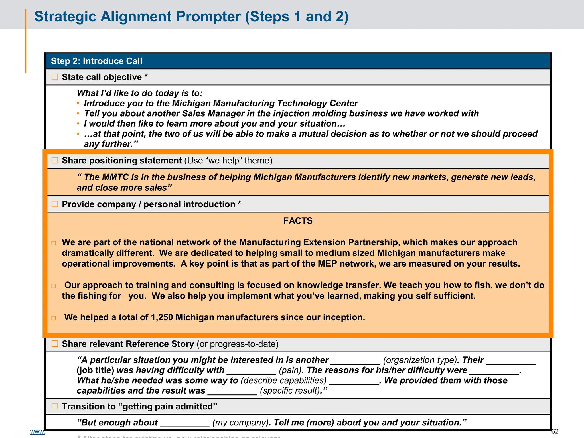 © Solution Selling, Inc. • 2008  PAGE 62
www.solutionselling.com
Strategic Alignment Prompter (Steps 1 and 2)
Step 2: Introduce Call
 State call objective *
What I’d like to do today is to:
• Introduce you to the Michigan Manufacturing Technology Center
• Tell you about another Sales Manager in the injection molding business we have worked with
• I would then like to learn more about you and your situation…
• …at that point, the two of us will be able to make a mutual decision as to whether or not we should proceed
any further.”
 Share positioning statement (Use “we help” theme)
“ The MMTC is in the business of helping Michigan Manufacturers identify new markets, generate new leads,
and close more sales”
 Provide company / personal introduction *
FACTS
□ We are part of the national network of the Manufacturing Extension Partnership, which makes our approach
dramatically different. We are dedicated to helping small to medium sized Michigan manufacturers make
operational improvements. A key point is that as part of the MEP network, we are measured on your results.
□ Our approach to training and consulting is focused on knowledge transfer. We teach you how to fish, we don’t do
the fishing for you. We also help you implement what you’ve learned, making you self sufficient.
□ We helped a total of 1,250 Michigan manufacturers since our inception.
 Share relevant Reference Story (or progress-to-date)
“A particular situation you might be interested in is another __________ (organization type). Their __________
(job title) was having difficulty with __________ (pain). The reasons for his/her difficulty were __________.
What he/she needed was some way to (describe capabilities) __________. We provided them with those
capabilities and the result was __________ (specific result).”
 Transition to “getting pain admitted”
“But enough about __________ (my company). Tell me (more) about you and your situation.”
 