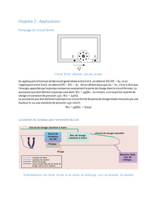 Chapitre 2 : Applications
Pompage en circuit fermé
Circuit fermé alimenté par une pompe
En appliquantlaformule de Bernoulli généraliséeentre EetS, onobtient HS-HE = hu et en
l'appliquantentre SetE, onobtientHE - HS = -hv. Onen déduitdoncque hu = hv, c'est-à-dire que
l'énergie apportée parlapompe compense exactementlaperte de charge dansle circuitfermée. La
puissance que doitdélivrerlapompe vautdonc Wu = ρgQhv, ou encore, si onexprime laperte de
charge envariationde pression △pv, Wu = △pvQ.
La puissance que doitdélivrerlapompe àun circuitfermé de perte de charge totale mesurée parune
hauteur hv ou une variationde pression △pv s'écrit:
Wu = ρgQhv = Q△pv
La solution du lactoduc pour le transfert du Lait
Schématisation du circuit du lait et du circuit de nettoyage avec un lactoduc de transfert
 
