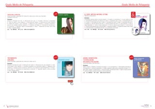 Grado Medio de PeluqueríaGrado Medio de Peluquería
2322
Catálogo
Imagen Personal
2015/2016
HIGIENE, DESINFECCIÓN
Y ESTERILIZACIÓN
APLICADOS A PELUQUERÍA
José Luis López Miedes y Javier López Garcés
Contenidos:
Higiene y limpieza • Métodos y mecanismos de limpieza • Los microorganismos • Enfermedades producidas por
microorganismos • Técnicas de saneamiento • Análisis y diagnóstico capilar previos al tratamiento de higiene • Hi-
giene capilar: champús y acondicionadores • Técnicas de lavado y acondicionado capilar • Higiene e imagen personal
• Condiciones higiénico-sanitarias requeridas en centros de peluquería
Libro Ref.: GMPQ005 PVP: 13,40€ ISBN: 978-84-87190-80-3
ANÁLISIS CAPILAR
Francisco Javier Mestre, Joaquina María Pintor, Roberto del Tío, María Luisa Cos, Paloma López, Reyes Martín,
Pilar Mínguez y Carmen Sanz.
Contenidos:
Anatomía y fisiología de la piel • Alteraciones de la piel • El cabello. Estructura y propiedades
• Tipos de cabello y cuero cabelludo • Alteraciones del cabello • Alteraciones del cuero cabelludo
• Análisis del cabello y cuero cabelludo • Masaje del cuero cabelludo • Equipos complemen-
tarios en los cuidados estéticos capilares • Protocolos de trabajo • Protocolos de mantenimien-
to y protección • Seguridad, higiene y profesionalidad • Anexo 1. Alteraciones de manos, pies y uñas
• Anexo 2. Supuestos prácticos
Libro Ref.: GMPC002 PVP: 31,21€ ISBN: 978-84-96699-90-8
TRATAMIENTOS
CAPILARES
Francisco Javier Mestre, Joaquina María Pintor, Roberto del Tío y María Luisa Cos
Contenidos:
Anatomía y fisiología de la piel • Alteraciones del cabello • Alteraciones del cuero cabelludo • Análi-
sis del cabello y cuero cabelludo • Cosméticos empleados en los tratamientos capilares • Masaje del cuero
cabelludo • Equipos químico­-mecánicos, eléctricos y de radiaciones electromagnéticas • Protoco-
los de trabajo • Tratamientos de mantenimiento y protección • Seguridad, higiene y control de calidad
• Anexo: supuestos prácticos
Libro Ref.: GMPQ008 PVP: 26,39€ ISBN: 978-84-96699-09-0
ÁREA
DEL PROFESOR
EL CORTE, MÉTODO NATURAL CUTTING
Rafael Artero y Gonzalo Zarauza
Contenidos:
Curiosidades históricas sobre el corte del cabello • El cabello y su importancia • Lo que modifica el corte
• Características personales que influyen en el corte • Preparación para el corte • Herramientas del cor-
te I: el peine • Herramientas del corte II: la tijera • Herramientas del corte III: la navaja • Herramientas del corte IV:
la maquinilla • Recursos técnicos del corte I • Recursos técnicos del corte II • Corte compacto • Corte en
capas degradadas • Corte en capas progresivas • Corte en capas de igual longitud • Corte universal
• Técnicas de personalización para el corte del cabello • Peluquería de caballero • El estudio de la cabeza, rostro y silueta
• La forma del rostro • Los elementos del rostro • La comunicación con el cliente
Libro + DVD Ref.: GMPQ009 PVP: 32,46€ ISBN: 978-84-87190-97-9
LOE
LOGSE

 