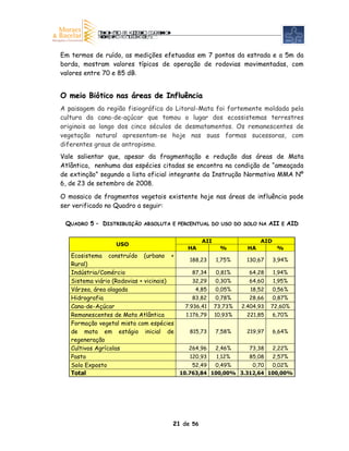 Em termos de ruído, as medições efetuadas em 7 pontos da estrada e a 5m da
borda, mostram valores típicos de operação de rodovias movimentadas, com
valores entre 70 e 85 dB.


O meio Biótico nas áreas de Influência
A paisagem da região fisiográfica do Litoral-Mata foi fortemente moldada pela
cultura da cana-de-açúcar que tomou o lugar dos ecossistemas terrestres
originais ao longo dos cinco séculos de desmatamentos. Os remanescentes de
vegetação natural apresentam-se hoje nas suas formas sucessoras, com
diferentes graus de antropismo.
Vale salientar que, apesar da fragmentação e redução das áreas de Mata
Atlântica, nenhuma das espécies citadas se encontra na condição de “ameaçada
de extinção” segundo a lista oficial integrante da Instrução Normativa MMA Nº
6, de 23 de setembro de 2008.

O mosaico de fragmentos vegetais existente hoje nas áreas de influência pode
ser verificado no Quadro a seguir:

 QUADRO 5 – DISTRIBUIÇÃO ABSOLUTA E PERCENTUAL DO USO DO SOLO NA AII E AID

                                              AII               AID
                 USO
                                        HA          %      HA         %
   Ecosistema construído (urbano +
                                            188,23  1,75%   130,67  3,94%
   Rural)
   Indústria/Comércio                        87,34  0,81%    64,28   1,94%
   Sistema viário (Rodovias + vicinais)      32,29  0,30%    64,60   1,95%
   Várzea, área alagada                       4,85  0,05%    18,52  0,56%
   Hidrografia                               83,82  0,78%    28,66  0,87%
   Cana-de-Açúcar                         7.936,41 73,73% 2.404,93 72,60%
   Remanescentes de Mata Atlântica        1.176,79 10,93%   221,85  6,70%
   Formação vegetal mista com espécies
   de mata em estágio inicial de            815,73  7,58%   219,97  6,64%
   regeneração
   Cultivos Agrícolas                      264,96   2,46%    73,38  2,22%
   Pasto                                    120,93  1,12%    85,08  2,57%
   Solo Exposto                              52,49  0,49%     0,70  0,02%
   Total                                10.763,84 100,00% 3.312,64 100,00%




                                   21 de 56
 