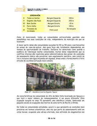 SIRINHAÉM
       8      Todos os Santos            Margem Esquerda     100 m
       9      Engenho São Paulo          Margem Esquerda     200 m
       10     Bom Jardim                  Margem Direita      20 m
       11     Ferro Velho                 Margem Direita     150 m
              Travessia de                                 As margens
       12                                    Pista Local
              Sirinhaém


Como já mencionado, todas as comunidades entrevistadas guardam uma
semelhança nas suas condições de vida, independente do município em que se
localizem.
A maior parte delas são comunidades surgidas há 40 ou 50 anos e pertencentes
às usinas de cana-de-açúcar, das quais hoje são totalmente dependentes em
termos de oportunidades de trabalho. Inclusive foi detectado como padrão a
ausência de lideranças nestas comunidades, muitas delas responderam que os
conflitos internos são resolvidos pelos administradores das usinas. As condições
de saneamento básico são precárias, sem esgotamento sanitário, sem coleta de
lixo e inclusive sem água encanada em algumas, áreas onde o fornecimento é feito
através de cacimbas (situação mais comum).




            Foto 17 – Ambiência rural no Engenho Tapera

As características da comunidade do Alto da Bela Vista localizada em Ipojuca e
que terá o maior número de remanejamentos, é um pouco diferente. Esta
ocupação surgida no anos 70 apresenta uma ambiência urbana, lembrando em
pequena escala as ocupações dos morros da zona norte de Recife e Olinda.

De todas as comunidades estudadas, quiçá é a que apresenta as condições mais
precárias em termos urbanísticos, uma vez que parte do assentamento está em
cotas baixas, ocupando uma várzea aterrada, mas sofrendo de alagamentos nos


                                           28 de 56
 