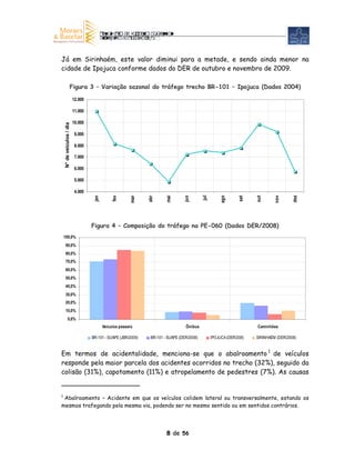 Já em Sirinhaém, este valor diminui para a metade, e sendo ainda menor na
cidade de Ipojuca conforme dados do DER de outubro e novembro de 2009.

                      Figura 3 – Variação sazonal do tráfego trecho BR-101 – Ipojuca (Dados 2004)

                           12.000

                           11.000

                           10.000
    N° de veículos / dia




                            9.000

                            8.000

                            7.000

                            6.000

                            5.000

                            4.000




                                                                                                                                         dez
                                                                         mai




                                                                                             jul
                                                fev




                                                                                                                                nov
                                                                                                                 set


                                                                                                                       out
                                     jan




                                                                                   jun




                                                                                                        ago
                                                          mar


                                                                abr




                                    Figura 4 – Composição do tráfego na PE-060 (Dados DER/2008)
    100,0%
     90,0%
     80,0%
     70,0%
     60,0%
     50,0%
     40,0%
     30,0%
     20,0%
     10,0%
              0,0%
                                           Veículos passeio                        Ônibus                              Caminhões

                                    BR-101 - SUAPE (JBR/2009)    BR-101 - SUAPE (DER/2008)         IPOJUCA (DER/208)   SIRINHAÉM (DER/2008)


Em termos de acidentalidade, menciona-se que o abalroamento 1 de veículos
responde pela maior parcela dos acidentes ocorridos no trecho (32%), seguido da
colisão (31%), capotamento (11%) e atropelamento de pedestres (7%). As causas


1
 Abalroamento – Acidente em que os veículos colidem lateral ou transversalmente, estando os
mesmos trafegando pela mesma via, podendo ser no mesmo sentido ou em sentidos contrários.




                                                                         8 de 56
 