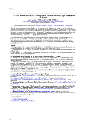 Anexo:



      La Tabla de equivalencias / reemplazos / de software análogo a Windows
                                     en Linux.
                           Last update: 7.03.03, 01.02.05, 27.05.05
                    URL: http://www.linuxrsp.ru/win-lin-soft/index-spanish.html.
                                The original english version is here.
         This page on other languages: Russian, Italian, English, French, German, Hungarian.

 Una de las mas grandes dificultades en la migración de Windows a Linux es la carencia de
 software equivalente. Los Newbies por lo general buscan los software equivalentes de Windows
 para Linux, y los usuarios avanzados de Linux no pueden contestar sus preguntas ya que ellos a
 menudo no conocen demasiado sobre windows :). Esta lista de equivalencias / reemplazos / de
 software análogo a Windows en Linux está basada en nuestra propia experiencia y en la
 información de los visitantes a esta página (gracias!).

 Esta Tabla no está estática - nuevos programas pueden ser agregados a lados derechos en
 tanto se este en marcha, y esto no es el hecho que la columna derecha será llenada
 inmediatamente. En el futuro nosotros planeamos migrar esta tabla a PHP/MySQL, asi los
 mismos visitantes podrán agregar programas, votar por los programas equivalentes, agregar
 comentarios, etc.

 Notas:
 1) Por principio todos los programas de linux en esta tabla son libres y están en liberados. Los
 programas propietarios para Linux están marcados con un señal [Prop].
 2) Si no hay nada en el campo de la tabla, excepto "???" - Los autores de la tabla no saben que
 colocar allí.
 3) Si la señal (???) se encuentra destrás del nombre del programa - Los autores de la tabla no
 están seguros sobre este programa.

 La importancia ideológica de la diferencia entre Windows y Linux:
 La mayoría de los programas de Windows son echos con el principio de "Todo en uno" (cada
 desarrollador agrega todo a su producto). De la misma manera, a este principio le llaman el
 "estilo-Windows".
 La Ideología de UNIX/Linux - Un componente o un programa deben ejecutar sólo una tarea,
 pero lo ejecuta bien. ("estilo-UNIX"). Los programas bajo linux pueden ser pensados como
 LEGOS componentes básicos. (Por ejemplo, si hay un programa para la comprobación de
 ortografía, esto puede ser usado con el editor de textos o por un cliente de email al enviarlo; o
 si hay un poderoso programa de líneas de comando para el uso de archivos, es simple escribir
 el Interfaz gráfica para el programa, etc.).
 Este principio es muy importante y es necesario conocerlo para buscar programas programas
 equivalentes de Windows en Linux :).

 Lugares donde puedes obtener software para linux:
 FreshMeat.net | SourceForge.net - Dos portales grandiosos. Puedes encontrar todo lo que tu
 quieras!!
 LinuxApps.com | IceWalkers.com | Linux.Tucows.com - Me gusta estos catálogos.
 Download.com / Linux | LinuxSoftware.org | FileWatcher.org | LinuxArchives.com - otros
 catálogos.
 Programas / paquetes / búsqueda de librerías de sistema: RPMseek.org | Tuxfinder.com |
 RPMfind.net
 Programas y juegos para Windows, estos programas pueden correr bajo Wine/WineX:
 1) Juegos para Windows, estos pueden correr con WineX (La informaciÑn del sitio de
 funcionario Transgaming). Este es un formulario de búsqueda, y en esta lucar una lista
 completa de juegos (muy grande!).
 2) El catálogo mas gran de Windows , correindo bajo wine. La base de datos de
 Codeweavers contiene información de cerca 1000 aplicaciones, y el catálogo es estructurado y
 tiene un sistema de la navegación.

 Las Secciones:
 1) Redes y Conectividad.
 2) Trabajo con Archivos.
 3) Escritorio / Software de Sistema.




118
 