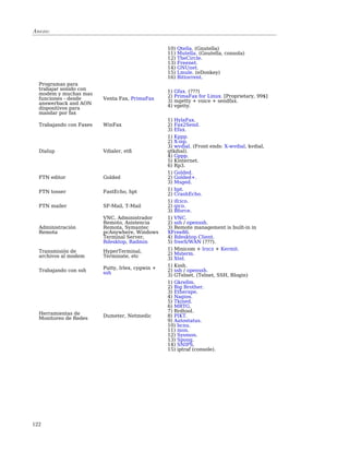 Anexo:


                                                  10)   Qtella. (Gnutella)
                                                  11)   Mutella. (Gnutella, consola)
                                                  12)   TheCircle.
                                                  13)   Freenet.
                                                  14)   GNUnet.
                                                  15)   Lmule. (eDonkey)
                                                  16)   Bittorrent.
  Programas para
  trabajar sonido con
  modem y muchas mas                              1)   Gfax. (???)
  funciones - desde      Venta Fax, PrimaFax      2)   PrimaFax for Linux. [Proprietary, 99$]
                                                  3)   mgetty + voice + sendfax.
  answerback and AON                              4)   vgetty.
  dispositivos para
  mandar por fax
                                                  1) HylaFax.
  Trabajando con Faxes   WinFax                   2) Fax2Send.
                                                  3) Efax.
                                                  1) Kppp.
                                                  2) X-isp.
                                                  3) wvdial. (Front ends: X-wvdial, kvdial,
  Dialup                 Vdialer, etß             gtkdial).
                                                  4) Gppp.
                                                  5) Kinternet.
                                                  6) Rp3.
                                                  1) Golded.
  FTN editor             Golded                   2) Golded+.
                                                  3) Msged.
  FTN tosser             FastEcho, hpt            1) hpt.
                                                  2) CrashEcho.
                                                  1) ifcico.
  FTN mailer             SF-Mail, T-Mail          2) qico.
                                                  3) Bforce.
                         VNC, Administrador       1) VNC.
                         Remoto, Asistencia       2) ssh / openssh.
  Administración         Remota, Symantec         3) Remote management is built-in in
  Remota                 pcAnywhere, Windows      XFree86.
                         Terminal Server,         4) Rdesktop Client.
                         Rdesktop, Radmin         5) freeS/WAN (???).
                                                  1) Minicom + lrzcz + Kermit.
  Transmisión de         HyperTerminal,           2) Msterm.
  archivos al modem      Terminate, etc           3) Xtel.
                         Putty, Irlex, cygwin +   1) Kssh.
  Trabajando con ssh     ssh                      2) ssh / openssh.
                                                  3) GTelnet. (Telnet, SSH, Rlogin)
                                                  1) Gkrellm.
                                                  2) Big Brother.
                                                  3) Etherape.
                                                  4) Nagios.
                                                  5) Tkined.
                                                  6) MRTG.
                                                  7) Rrdtool.
  Herramientas de        Dumeter, Netmedic        8) PIKT.
  Monitoreo de Redes
                                                  9) Autostatus.
                                                  10) bcnu.
                                                  11) mon.
                                                  12) Sysmon.
                                                  13) Spong.
                                                  14) SNIPS.
                                                  15) iptraf (console).




122
 